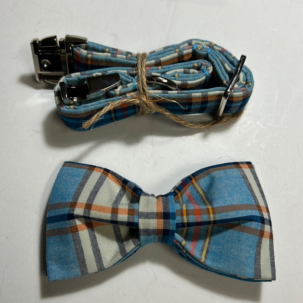 Lionet Paws Blue Plaid Collar with Bowtie